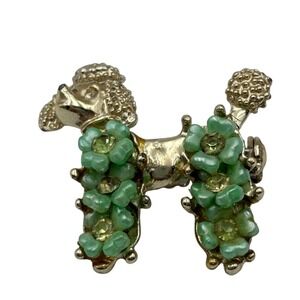 Vintage Poodle Dog Brooch Gold Tone Green Flower Rhinestone Lapel Pin Elphaba